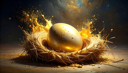 A golden egg rests in a straw nest, surrounded by a splash of radiant gold. The background has textured clouds