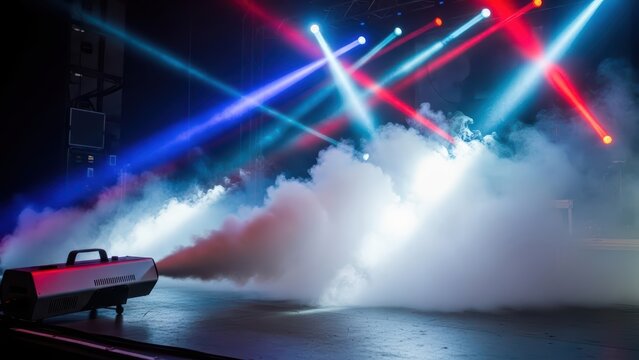 Vibrant stage lighting illuminating dense smoke from fog machine at concert event