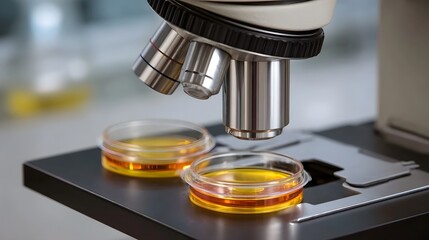 Close up view of a microscope positioned above two petri dishes containing yellow liquid representing scientific research and laboratory analysis