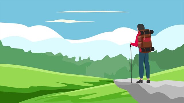 Animated video of goal hiking with a big backpack. Journey there concept. Full length animation illustration. High quality&nbsp;4k&nbsp;footage