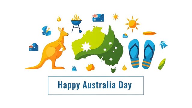Vibrant australia day celebration graphic with kangaroo map and icons sunny day with kangaroo icon and australian flag and national celebration