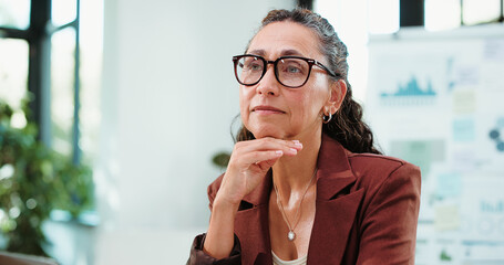 Business woman, thinking and glasses with statistics for company growth, analytics or review....