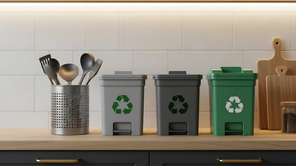Recycling bins and kitchen utensils on a wooden countertop with eco friendly waste management - Ai Generated