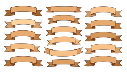 A collection of various banner illustrations in shades of brown, arranged horizontally on a white background