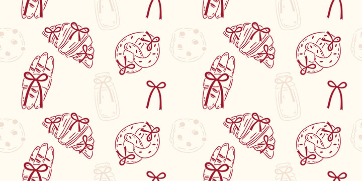 Hand drawn bakery seamless pattern with croissant, baguette and bows. Cute French pastry aesthetic wallpaper for fabric.