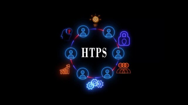 Modern neon glowing illustration of HTPS security system with interconnected people and business growth icons including target, light bulb, megaphone and money bag for cybersecurity and web 
