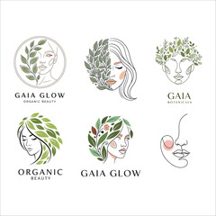 Fototapeta premium Collection of organic beauty logos with women and foliage on white