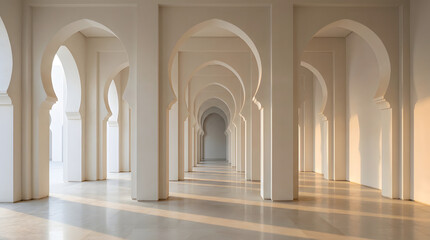 Obraz premium beautiful symmetry of white arched corridor in a modern mosque or palace with warm sunlight hitting the marble floor and pillars in a minimalist middle eastern architectural style