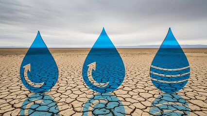 Three blue water droplets with recycling symbols on cracked dry earth landscape with overcast sky - Ai Generated