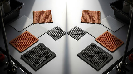 3d printed metal and plastic squares on a table with spotlight industrial concept - Ai Generated