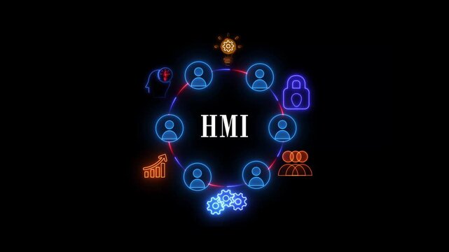 Modern neon glowing illustration of HMI security system with interconnected people and business growth icons including target, light bulb, megaphone and money bag for cybersecurity and web development