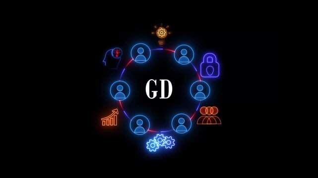 Modern neon glowing illustration of GD security system with interconnected people and business growth icons including target, light bulb, megaphone and money bag for cybersecurity and web development