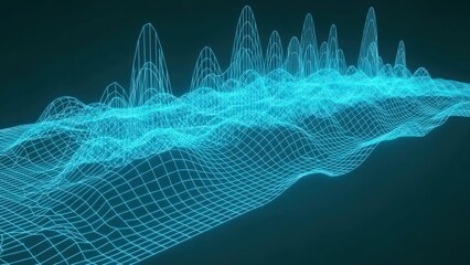 A futuristic digital landscape with a grid pattern and peaks rising from the surface