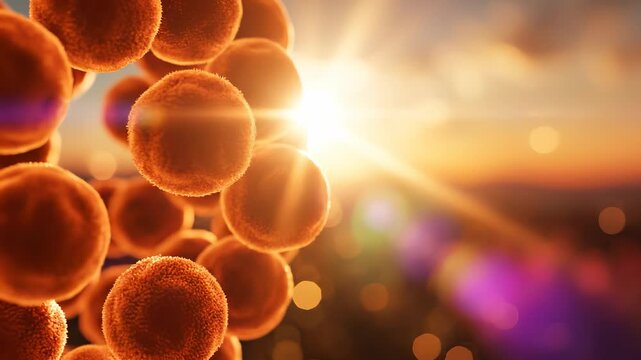 Microscopic round cells appear illuminated by warm sunlight, creating a striking visual display. These cells reflect the intricate patterns of nature, surrounded by a soft glowing background.
