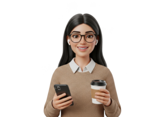 Young woman enjoying coffee and using smartphone isolated on transparent background