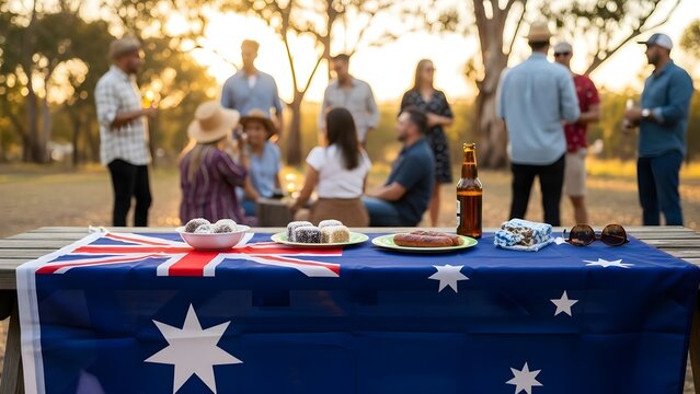 Australians gather outdoors for a casual barbecue with food on a table covered in an australian flag surrounded by trees at sunset with outdoor gathering