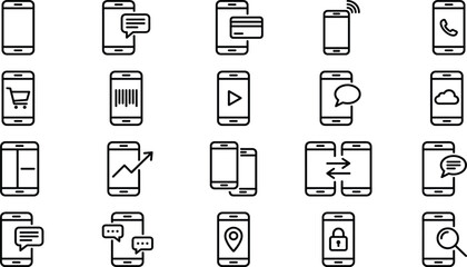 Set of smartphone icons, mobile technology symbols, app interface elements, digital payment, cloud storage, messaging, data security, and communication vector (21 words)