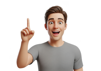 Happy man pointing finger upward with surprised expression isolated on transparent background