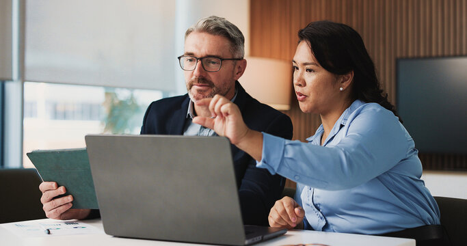 Laptop, tablet and business people in office with planning for finance report for budget review. Computer, digital technology and manager with financial advisor for investment deal in workplace.