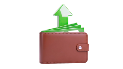 Brown Leather Wallet with Green Upward Arrows Representing Financial Growth