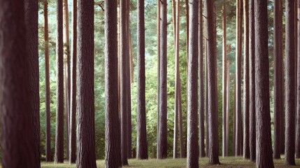 Obraz premium Serene Forest Landscape with Tall Trees and Gentle Light Filtering Through Green Foliage Creating a Calm and Peaceful Atmosphere for Nature Lovers