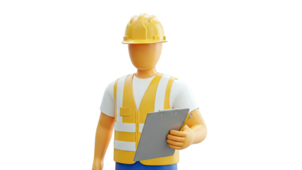 3D Cartoon Construction Worker with Clipboard and Hard Hat