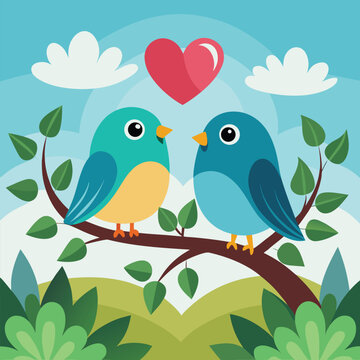 Beautiful bird couple perched on a branch with heart shapes, artistic vector illustration for love, romance, and wedding themes