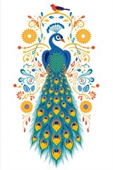 Vibrant peacock with floral surroundings