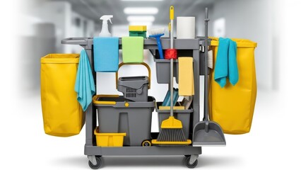 Yellow cleaning cart with mops, brooms, and supplies in a bright corridor for janitorial use