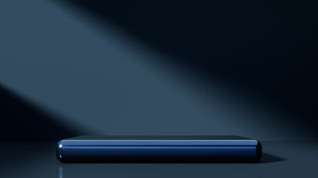 Dark futuristic podium with glowing edges on a minimalist studio background, perfect for technology products, premium branding, digital presentation, and modern design, 3d rendering