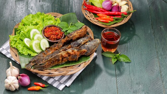 Pecel lele or pecek lele or penyetan is a typical East Javanese food, consisting of catfish and tomato sauce.