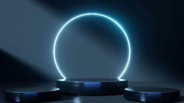 Dark futuristic podium with glowing edges on a minimalist studio background, perfect for technology products, premium branding, digital presentation, and modern design, 3d rendering