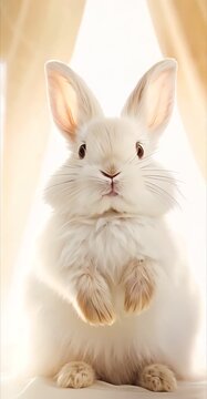 Cute White Bunny Portrait, Adorable Rabbit Close Up on Light Background
