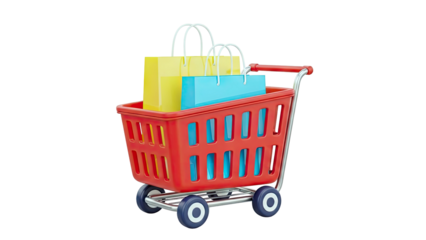 Red shopping cart with shopping bags