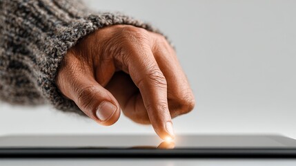 Male hand touching tablet on white background, digital device interaction, modern technology concept, business and communication, minimalistic design focusing on hand and gadget