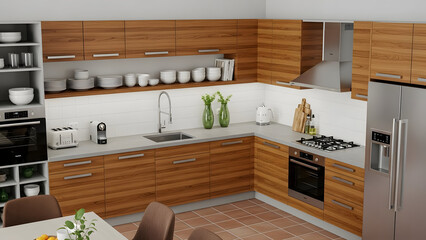 Modern kitchen with wooden cabinets and stainless steel appliances