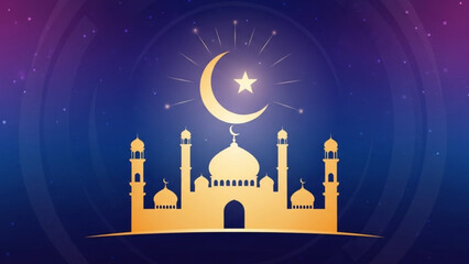Golden Islamic mosque silhouette with crescent moon and star representing Ramadan and Eid celebrations ideal for religious and cultural events