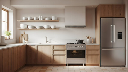 Modern kitchen with wooden cabinets and stainless steel appliances