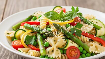 Fresh vegetable pasta salad with asparagus, cherry tomatoes, and peas garnished with basil and parmesan in white bowl