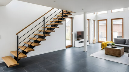 Modern living room with spiral staircase and cozy seating area