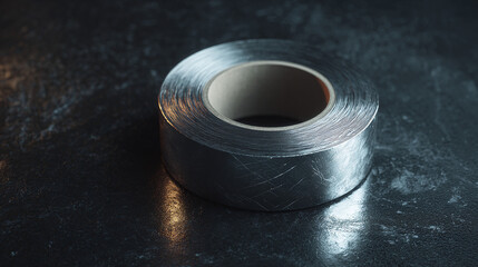 A roll of metallic tape, reflecting light, resting on a textured surface. The tape is round and appears industrial in nature.