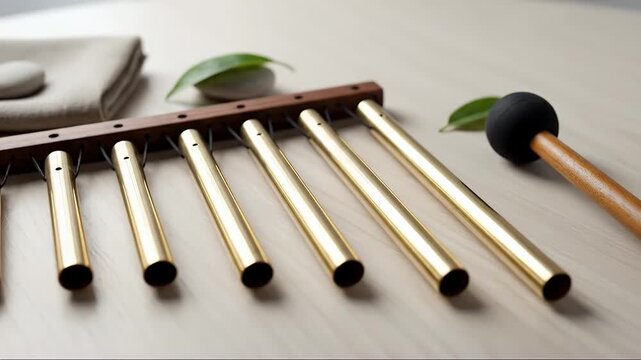 Close-up of a musical instrument with a mallet and leaves on a table.