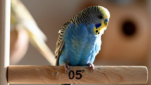 A Beautiful Blue Budgerigar Perched on a Wooden Perch.