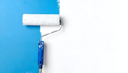 Paint roller on a surface, blue paint applied, leaving white background