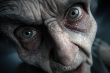 Creepy elderly man with intense stare and wrinkled skin in close-up view