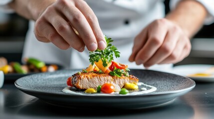A chef carefully garnishes a gourmet dish with fresh herbs and vibrant vegetables, showcasing culinary artistry and presentation.