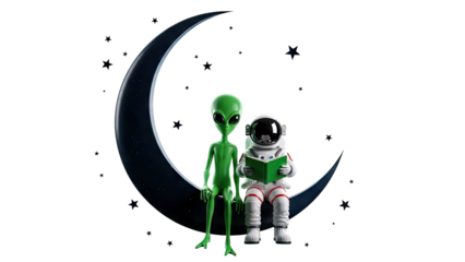 Astronaut and Alien Reading Together on Crescent Moon with Stars