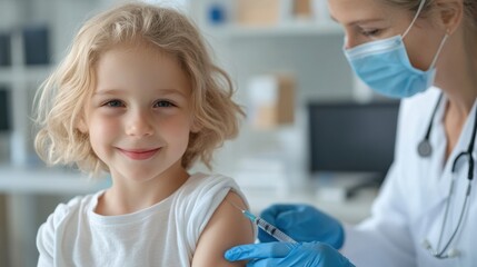 Obraz premium A child smiles while receiving a vaccine administer by a healthcare professional in a medical setting, promoting health awareness.