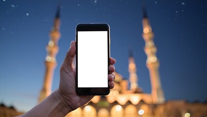 Hand holding a smartphone with blank screen in front of a mosque at night.