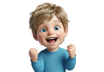 Excited cartoon boy with clenched fists and happy expression isolated on transparent background